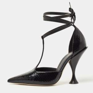 Pre Owned Burberry Black Python Embossed Leather Welton Pointed Toe  T Ankle Strap Pumps Size 37