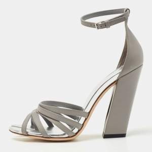 Pre Owned Burberry Grey Leather Block Heel Ankle Strap Sandals Size 39