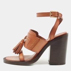 Burberry Brown Leather Bethany Tassel Detail Block Heel Ankle Strap Sandals Size 37