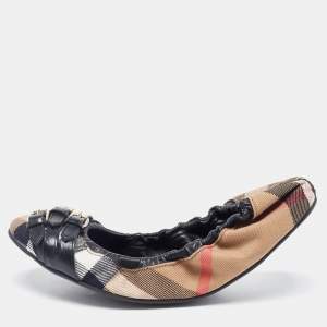 Burberry Brown/Black Novacheck Canvas and Leather Buckle Scrunch Ballet Flats Size 37