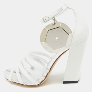 Burberry Grey/White Leather Block Heel Ankle Strap Sandals Size 39