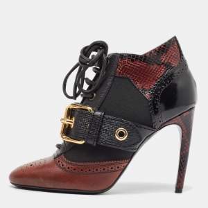 Burberry Burgundy/Black Leather and Python Embossed Westmarsh Ankle Boots Size 36