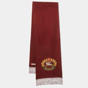 Burberry Brit Burgundy Logo Embroidered Cashmere Fringed Muffler