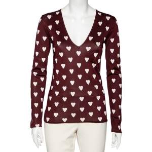Burberry Prorsum Burgundy Heart Print Knit & Silk Sweater S