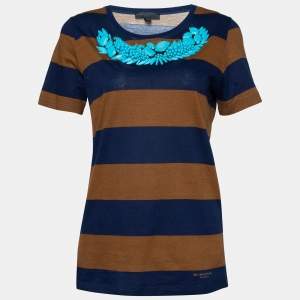 Burberry Prorsum Brown Striped Embellished Detail Round Neck T-Shirt S