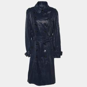 Burberry Prorsum Navy Blue Checker Pattern Leather Double Breasted Trench Coat M