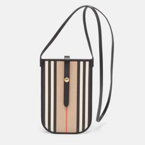 Burberry Beige/Black Icon Stripe Coated Canvas and Leather Anne Phone Pouch with Strap