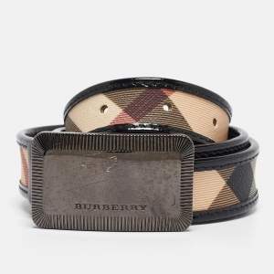 Burberry Black/Beige Nova Check PVC and Patent Leather Logo Plague Belt 100CM