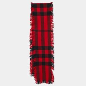 Burberry Black/Red Gaint Check Wool Fringed Scarf 