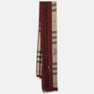Burberry Brown/Red Leopard Print Haymarket Check Silk Blend Scarf