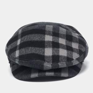 Burberry Black Cashmere Blend Nova Checks Newsboy Cap M