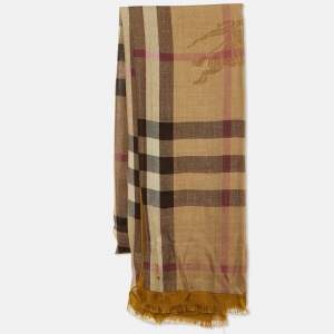 Burberry Yellow Ochre Check Logo Print Modal & Cashmere Stole 