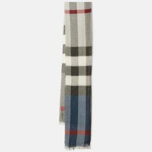 Burberry Blue/Grey Checked Raw Edge Scarf 