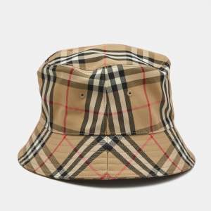 Pre Owned Burberry Brown Checks Cotton Blend Bucket Hat L