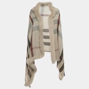 Burberry Beige Fox Fur Trim Checked Cashmere Shawl 