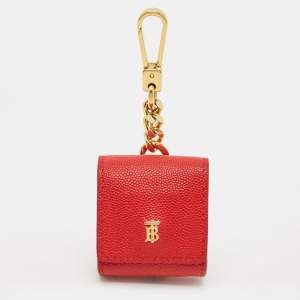 Pre Owned Burberry Red Leather TB Logo Airpod Case