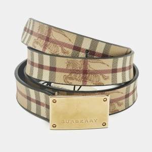 Pre Owned Burberry Beige Haymarket Coated Canvas Logo Plague Waist Belt 90CM