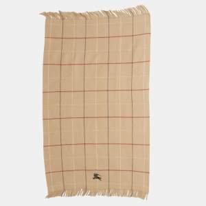 Pre Owned Burberry Beige Checks Wool Fringed Scarf 