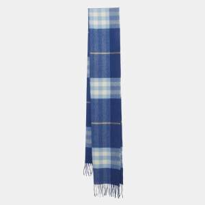 Pre Owned Burberry Blue Checked Cashmere Fringed Stole