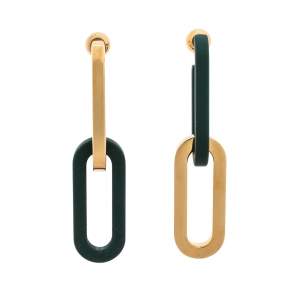 Burberry Green Rubberised Gold Tone Mismatched Chain Link Earrings