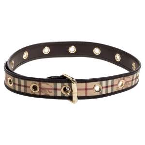 مملوكة مسبقًا Burberry Brown Haymarket Check Coated Canvas and Leather Grommet Buckle Belt 90CM
