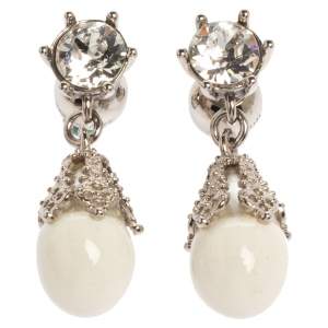 Pre Owned Burberry Palladium Plated White Faux Pearl Teardrop Earrings