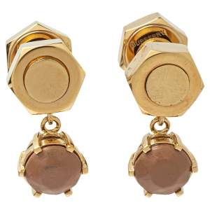 Burberry Gold Plated Leather Inlay Nut & Bolt Drop Earrings