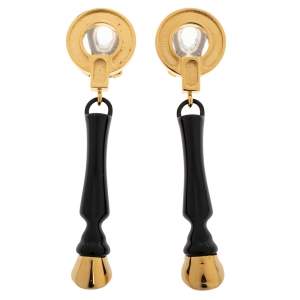 Burberry Light Gold Plated Black Hoof Drop Clip On Earrings