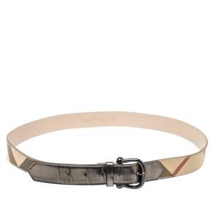 Pre Owned Burberry Beige/Metallic Grey Check Canvas and Leather Belt 100CM