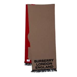 مملوكة مسبقًا Burberry Beige & Red Love Logo Jacquard Wool & Silk Scarf