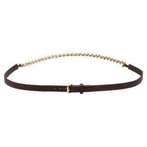 Pre Owned Burberry Brown/Gold Leather and Chain Skinny Belt 85CM