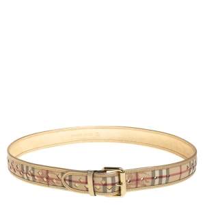 مملوكة مسبقًا Burberry Beige/Gold Leather and Haymarket Check Canvas Laser Cut Buckle Belt 100CM