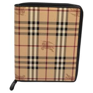 Burberry Beige/Brown Haymarket Check PVC and Leather Zip Around iPad Case