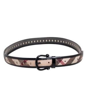مملوكة مسبقًا Burberry Black House Check Coated Canvas and Patent Leather Diamond Lasercut Belt 90CM