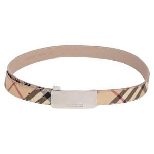 Pre Owned Burberry Beige Novacheck Coated Canvas Logo Plaque Belt 100CM