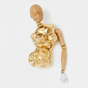Pre Owned Burberry Doll Wood Enamel Gold Tone Brooch