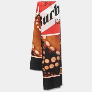 Burberry Black & Coral Octopus And Logo Graphic Print Silk Square Scarf