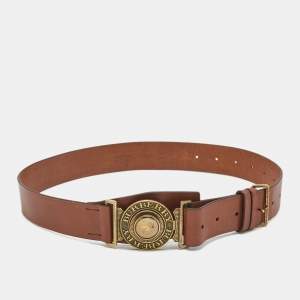 Pre Owned Burberry Brown Leather Round Buckle Belt Size 80CM