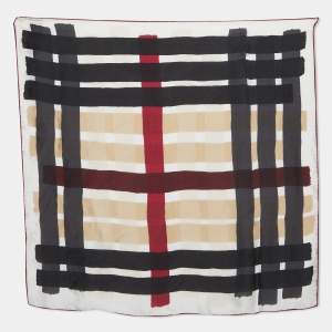 Pre Owned Burberry White/Black Check Print Silk Square Scarf