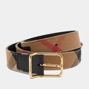 Burberry Beige/Black Haymarket Check Canvas and Leather Buckle Slim Belt 90 CM
