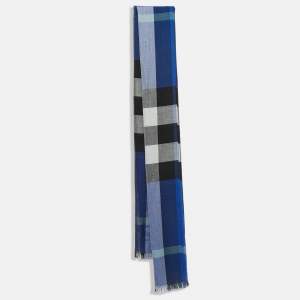 Pre Owned Burberry Blue Checkered Silk & Cashmere Fringed Shawl