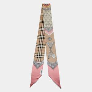 Burberry Beige/pink Silverware Print Silk Double Layered Scarf 