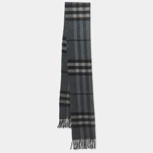 Pre Owned Burberry Grey Check Patterned Cashmere Fringed Scarf