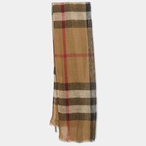 Pre Owned Burberry Beige Giant Exploded Check Linen Scarf