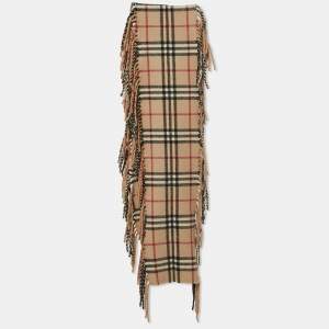 Burberry Beige Checked Cashmere Fringed Scarf