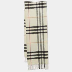 Burberry Cream Checked Cashmere Blend Fringed Muffler