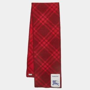 Burberry Red Tri Bar Check Wool Scarf 