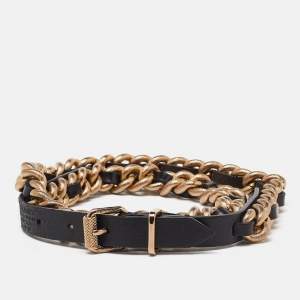 Pre Owned Burberry Black/Gold Leather and Chain Waist Belt S