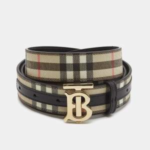 Burberry Black/Beige House Check Coated Canvas and Leather TB Logo Belt M