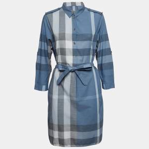 Burberry Blue Novacheck Cotton Belted Short Dress L